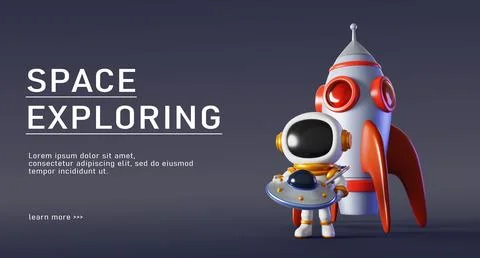 Space exploring 3d banner with rocket, astronaut, ufo alien spaceship. Cute Stock Illustration