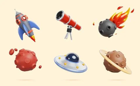 Space exploring 3d icons, planets, rocket, telescope, ufo alien spaceship Illustrazione stock