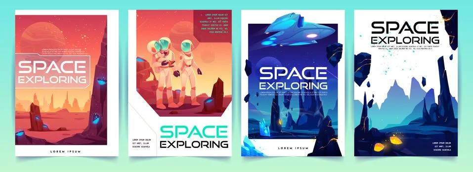 Space exploring banners set with alien landscape Stock Illustration