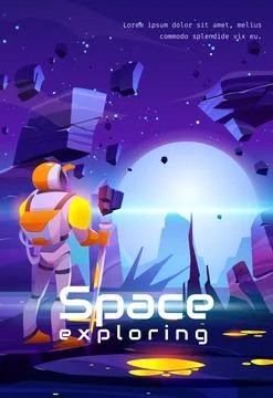 Space exploring cartoon poster astronaut on planet Stock Illustration