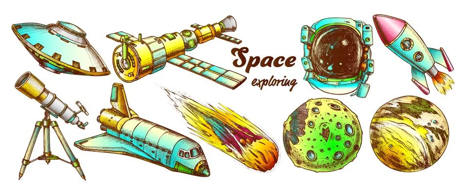 Space Exploring Color Elements Set Vector Stock Illustration