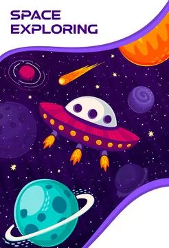 Space exploring poster. UFO, starry galaxy planets Stock Illustration