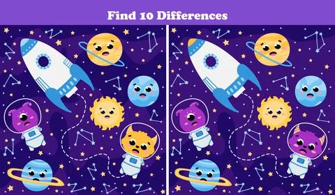 Space find ten differences game with cute planets,alien astronauts and flying Stock Illustration