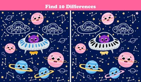 Space find ten differences game with cute planets,alien astronaut and flying  스톡 일러스트