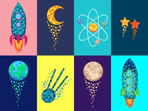 Space flat spaceship star moon planet cosmic cartoon 1 Stock-Illustration