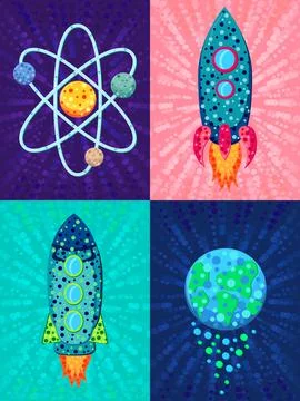 Space flat spaceship star moon planet cosmic cartoon 2 Stock-Illustration