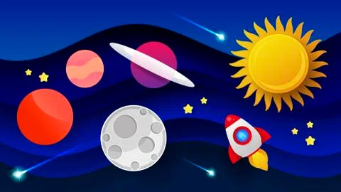 Space Flat Vector Background With Rocket, Spaceship, Moon, Planets . Ilustração Stock
