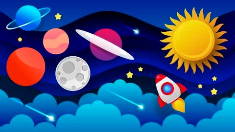 Space Flat Vector Background With Rocket, Spaceship, Moon, Planets . Ilustração Stock