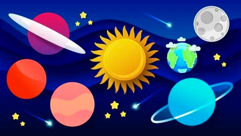 Space Flat Vector Background With Rocket, Spaceship, Moon, Planets . Ilustração Stock