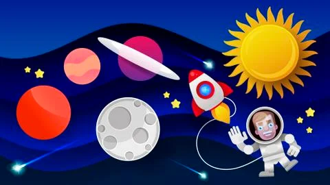 Space Flat Vector Background With Rocket, Spaceship, Moon, Planets . Ilustração Stock