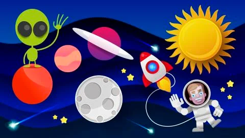 Space Flat Vector Background With Rocket, Spaceship, Moon, Planets . Ilustração Stock