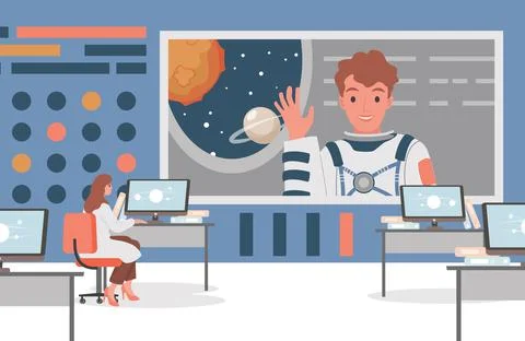 Space flight control center vector flat illustration. Scientist woman talking on Stock Illustration