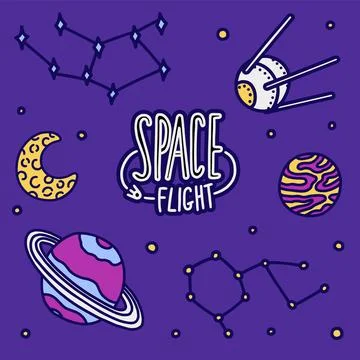 Space flight doodle vector set. Outer space elements: satellite, planet Saturn Stock Illustration