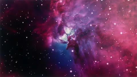 Space Flight exploration to Lagoon Nebula on deep space Stock Footage 153926909