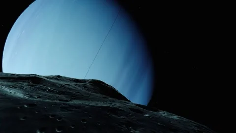 Space Flight on Neptunes Moon with Planet Neptune in Sight Stock Footage 236834764