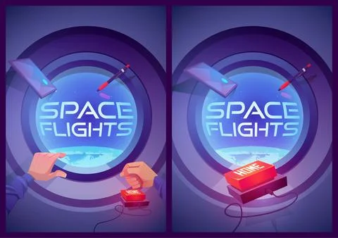 Space flights posters with spaceship interior Stock Illustration