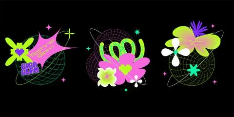 Space flowers Geometry wireframe shapes and grids print concepts in neon colors Stock Illustration