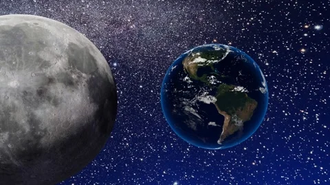 Space flying around the Moon and Earth with galaxy Stock Footage 246785247