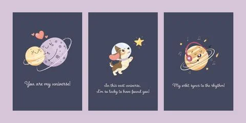 Space fun card, for couple, relationship, valentines day or friend. Vector .. Stock Illustration