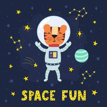 Space Fun print with a cute tiger astronaut. Cosmic card in cartoon style Stock Illustration