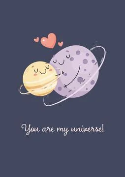 Space funny postcard, planet, two planets hugging. Vector simple illustration Stock Illustration