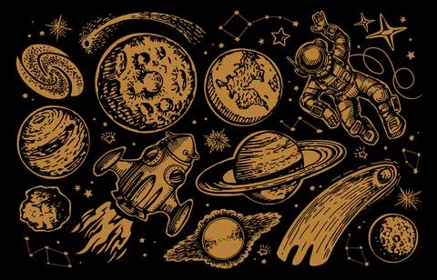 Space futuristic creative design. Planets and spaceship, rocket, stars Stock Illustration