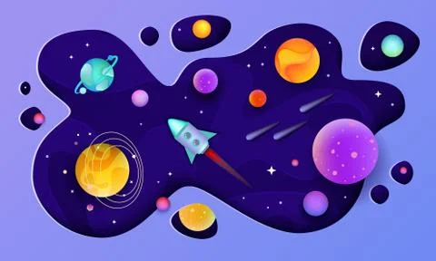 Space galaxy background - planets, spaceship or rocket flat vector illustrati Stock Illustration