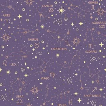 Space Galaxy constellation vector seamless pattern purple Stock Illustration