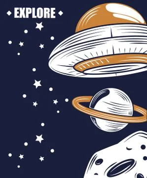 Space galaxy explore moon planet and ufo badge Illustrazione stock