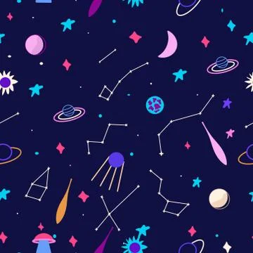 Space galaxy seamless pattern on dark blue background. Stock Illustration