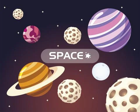 Space galaxy solar system moon planets and stars cartoon Stock Illustration