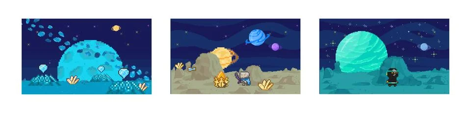 Space game. The 8-bit space game metaphorically represents vastness universe Stock Illustration
