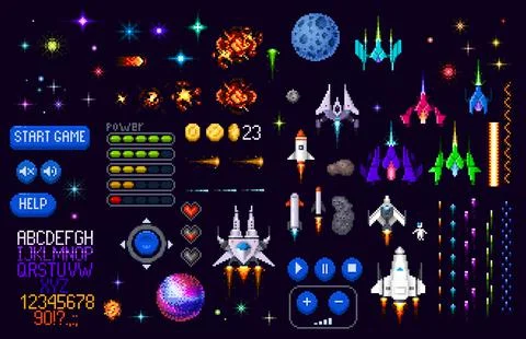 Space game asset 8 bit pixel art, planets, rockets Stock Illustration