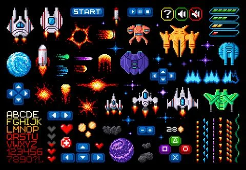 Space game asset 8bit pixel art galaxy planets Stock Illustration