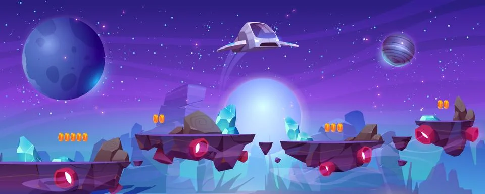 Space game background with platforms and shuttle Stock Illustration