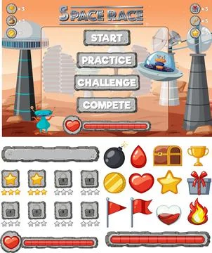 Space game background template and elements 스톡 일러스트