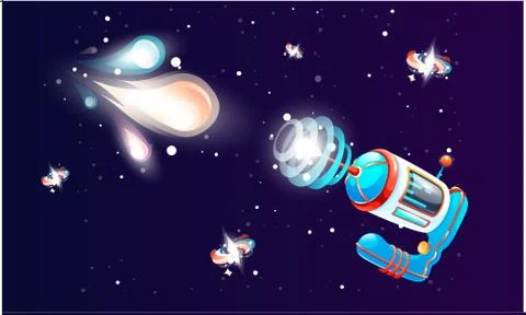 Space game elements. Cartoon luminous shine cosmic objects rotates, approaching 스톡 일러스트