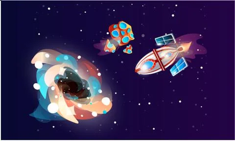 Space game elements. Cartoon luminous shine cosmic objects rotates, approaching Illustrazione stock