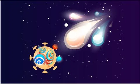 Space game elements. Cartoon luminous shine cosmic objects rotates, approaching Stock Illustration