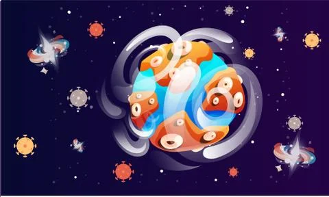 Space game elements. Cartoon luminous shine cosmic objects rotates, approaching Ilustración de archivo