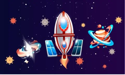 Space game elements, rocket and planets in dark blue space. Cartoon luminous Stock Illustration