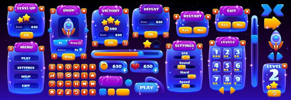 Space game interface, galaxy menu, buttons, bars Stock Illustration