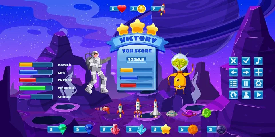 Space game kit, set buttons for games and app, UI. Spaceman kit constructor in Stock Illustration