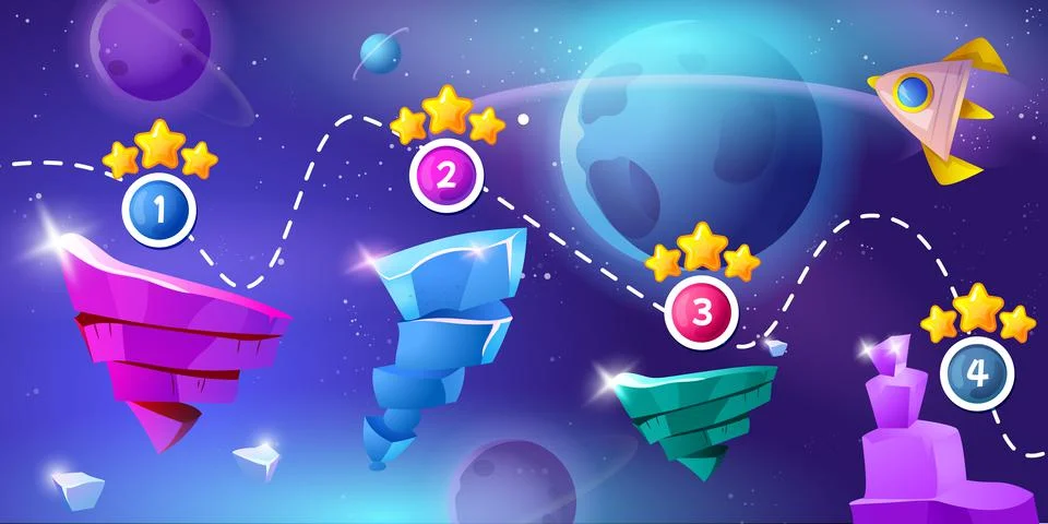 Space game level background with crystal platforms and rocket Stock-Illustration