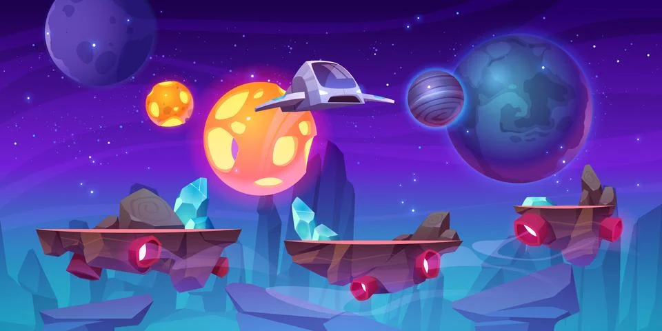 Space game level background with platforms Illustrazione stock