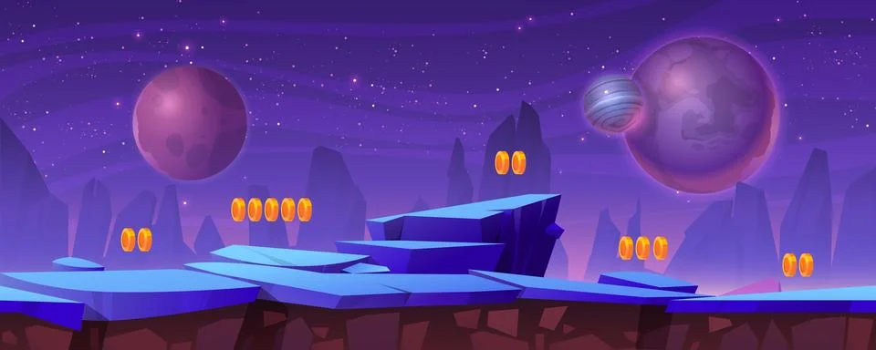 Space game level background with rocky platforms Illustrazione stock