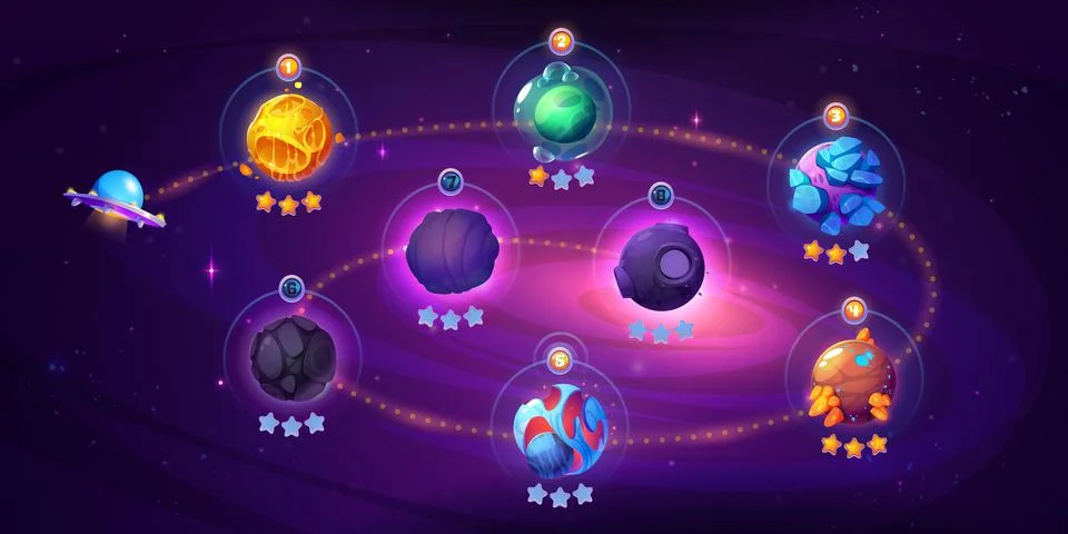 Space game level map with spaceship and planets Stock Illustration
