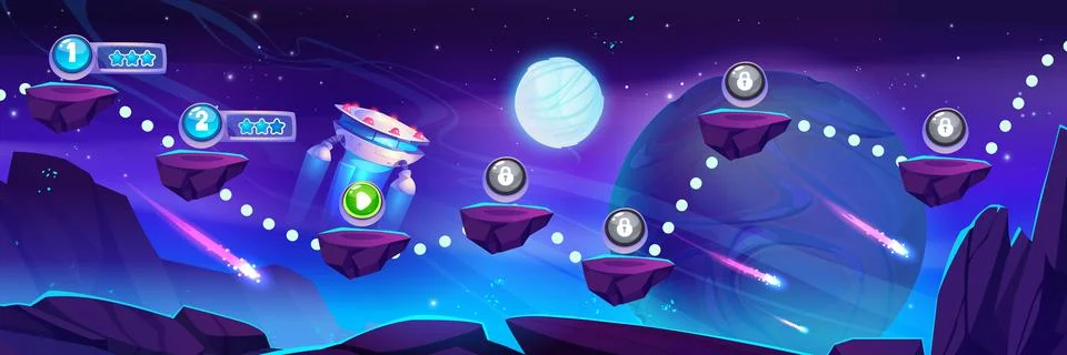Space game level map with ufo on alien planet Stock Illustration