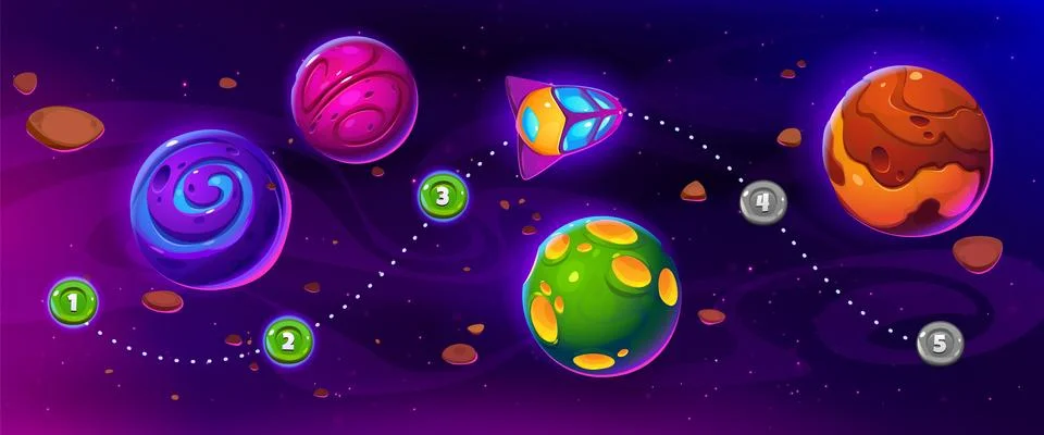 Space game ui level map with shuttle flying sky Stock Illustration