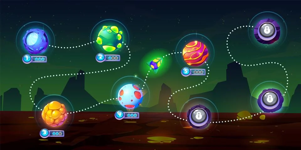 Space game ui level map with alien planets Stock Illustration